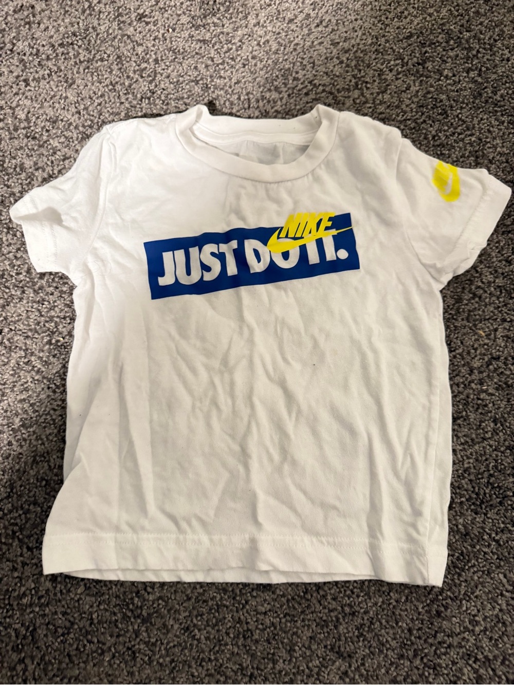 Nike White Short Sleeve Tee with Blue JUST DO IT. and Yellow Swoosh